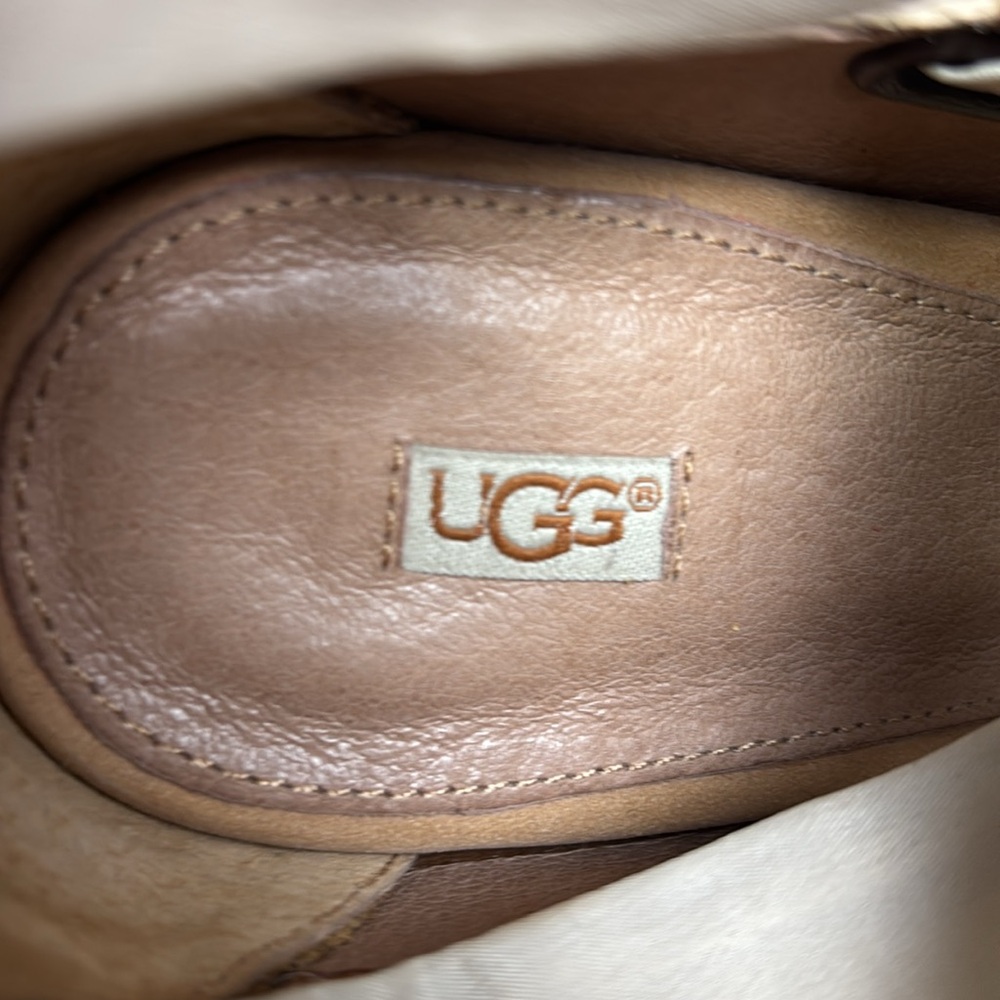 UGG Jules Espadrille Wedge Sandal Size 9.5 Leather Heel Cap Feminine Cream Bow - Picture 9 of 10
